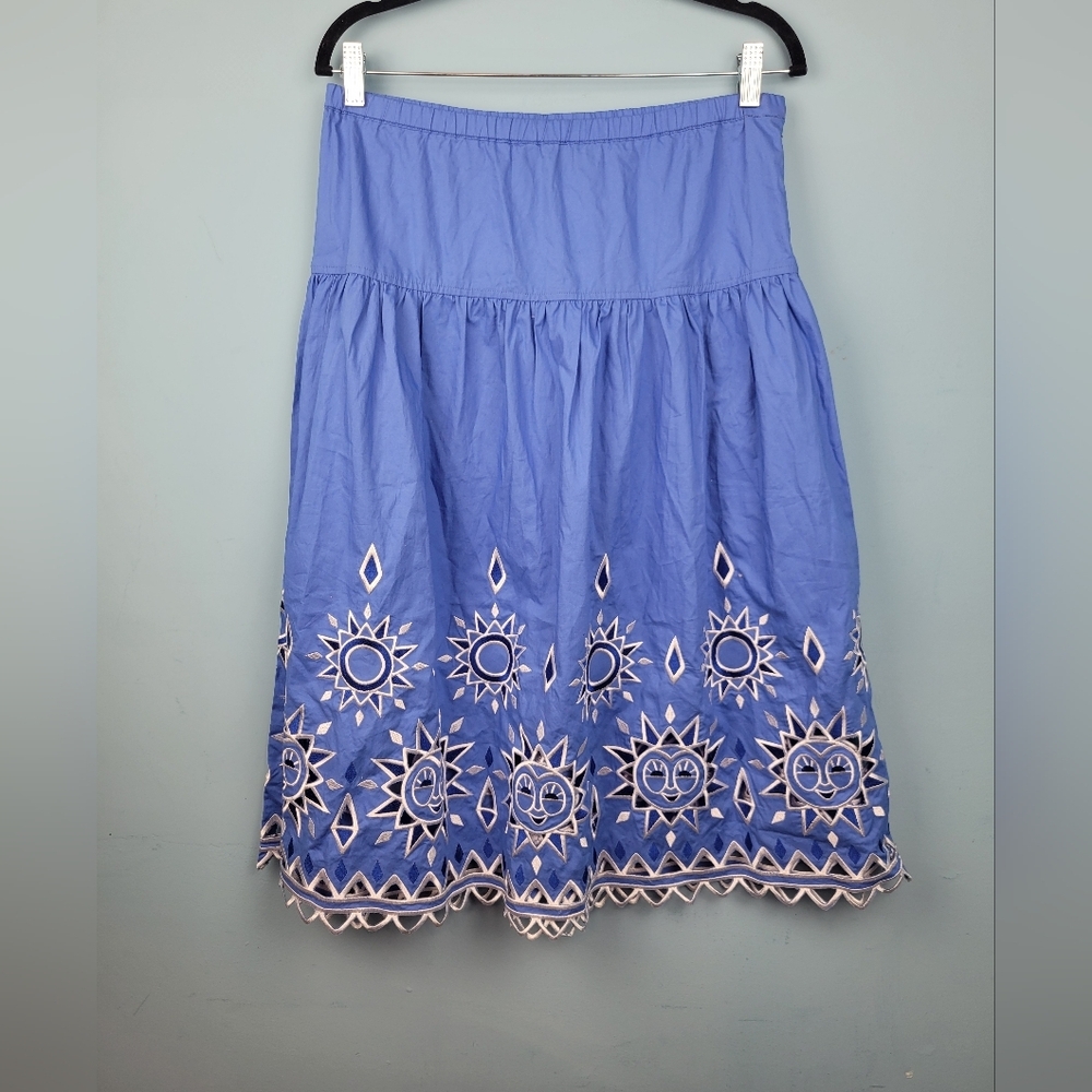 Bob Mackie blue sun embroidered Cotton‎  Boho Preppy skirt Size S